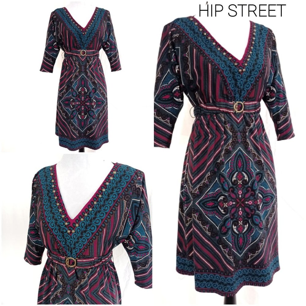 CANDIES Dolman Sleeve High Waist Metal Stud V Neck Boho Print Stretch Dress S
